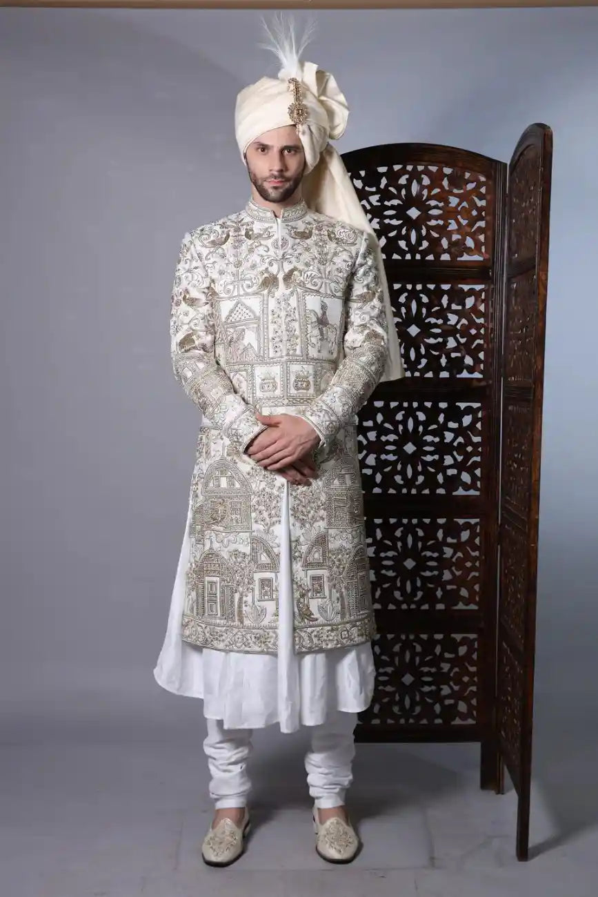 White Sherwani with Gold & Silver Embroidery