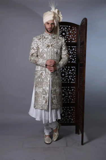 White Sherwani with Gold & Silver Embroidery