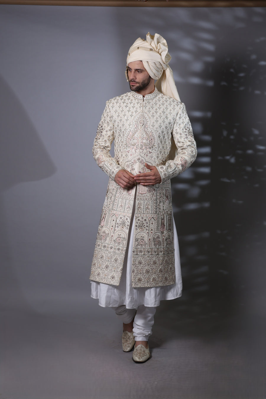 Ivory Designer Sherwani Embroidered Cutdana