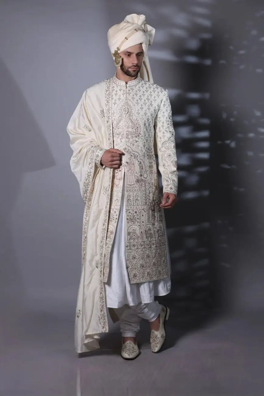 Ivory Designer Sherwani Embroidered Cutdana