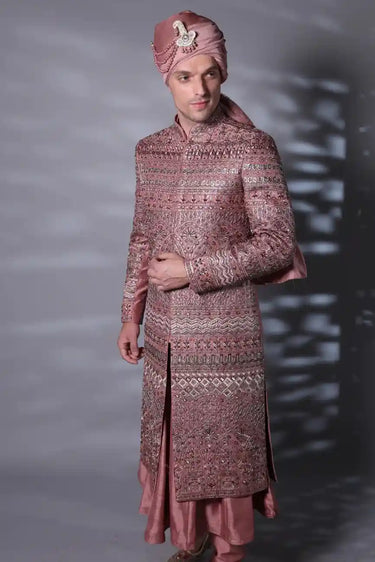 Burgundy Embroidered Sherwani Set for Groom
