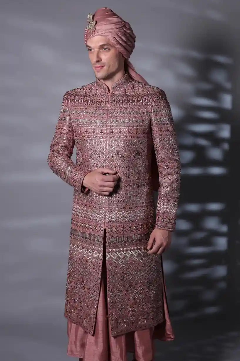 Burgundy Embroidered Sherwani Set for Groom