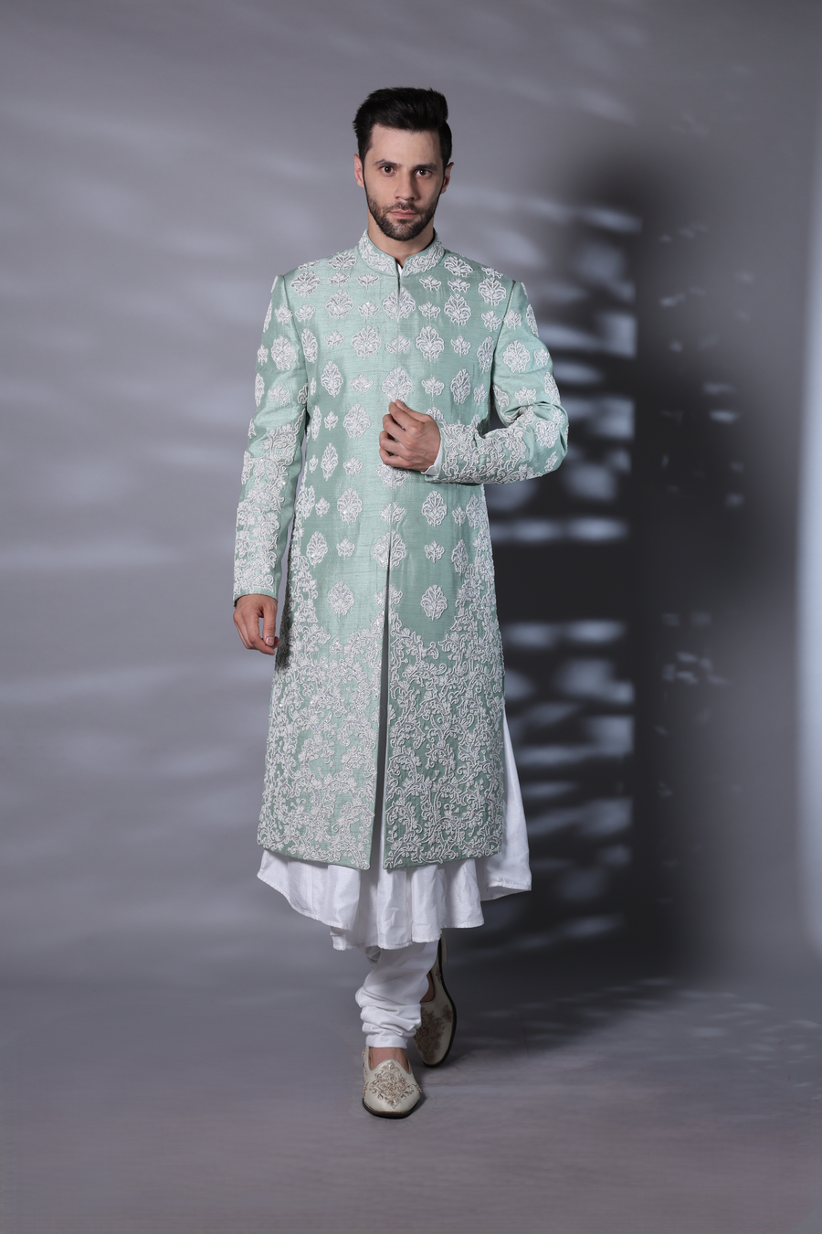 Jade Green Sherwani with Ivory Motifs & Floral Design