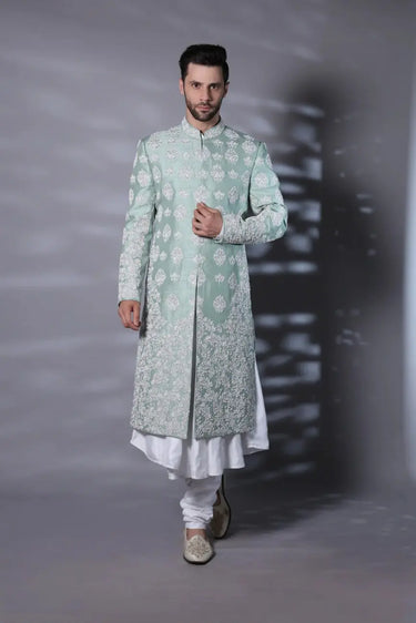 Jade Green Sherwani with Ivory Motifs & Floral Design
