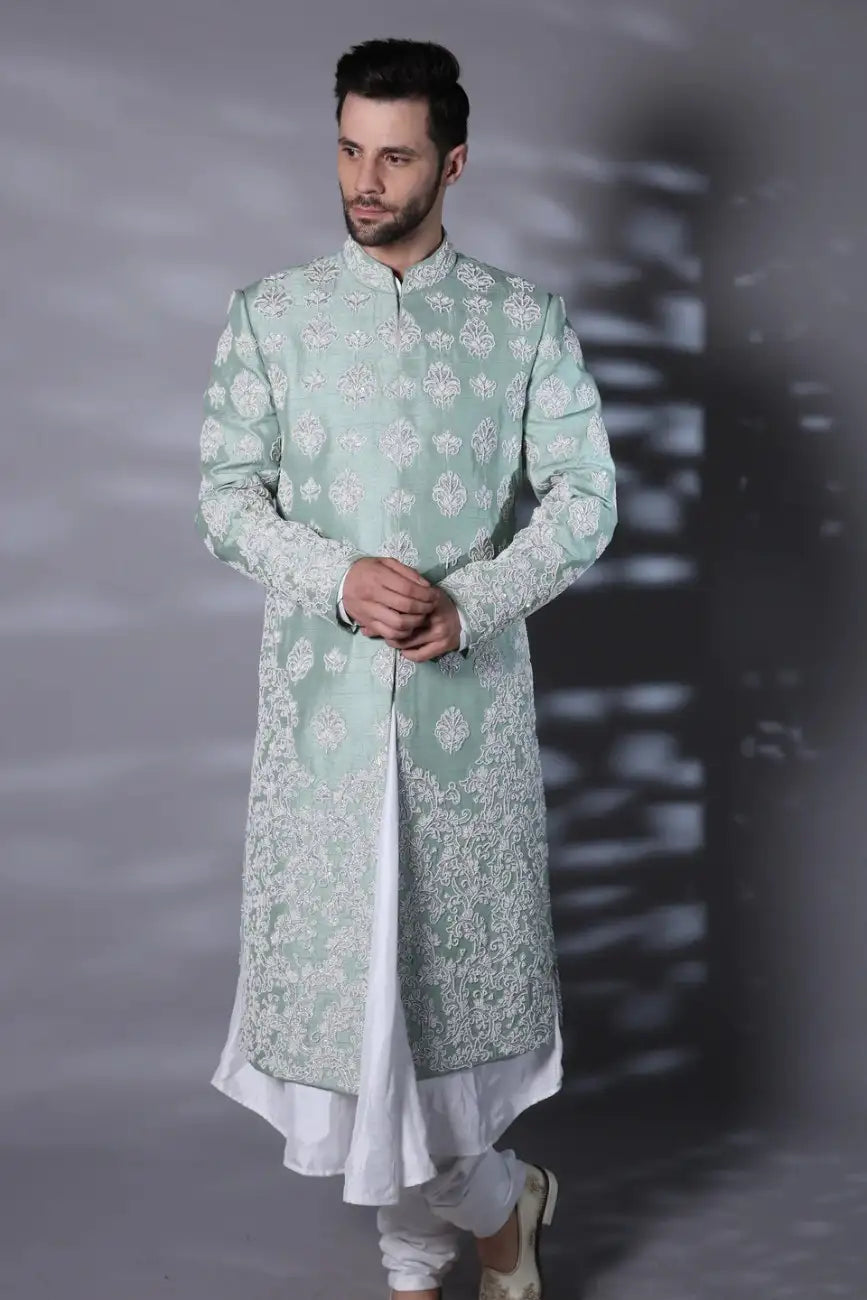 Jade Green Sherwani with Ivory Motifs & Floral Design