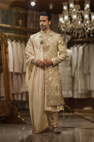 Beige Classic Floral Sherwani Set