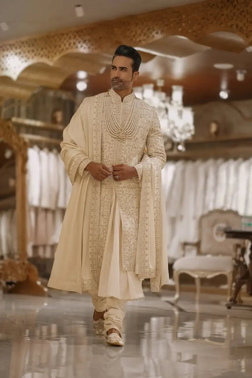 White Silk Thread Flower Embroidered Sherwani Set