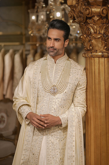 White Silk Embroidery Thread Flower Sherwani Set