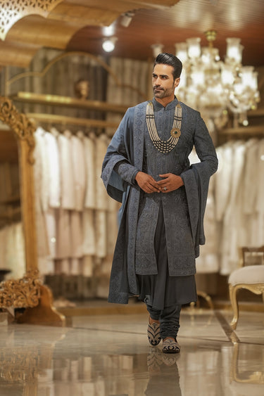 Designer Stone Blue Silk Sherwani Set