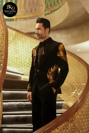Black Velvet Hand painted & Swarovski Work Tuxedo Set