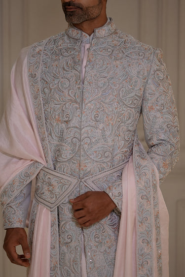 Majesty Hand-Embroidered Pastel Sherwani Set - Bharat Reshma