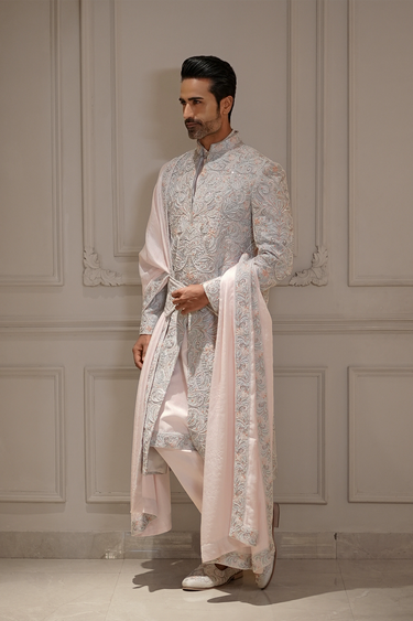 Majesty Hand-Embroidered Pastel Sherwani Set - Bharat Reshma