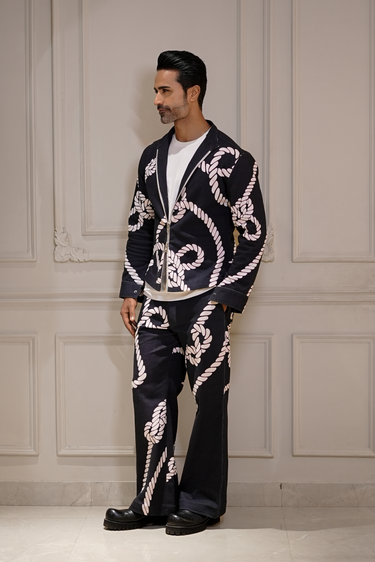 Blue Denim with Ivory Rope Print Co-ord Set - Bharat Reshma