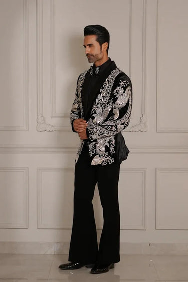 Regal Black Tux with Silver & Ivory Embroidery