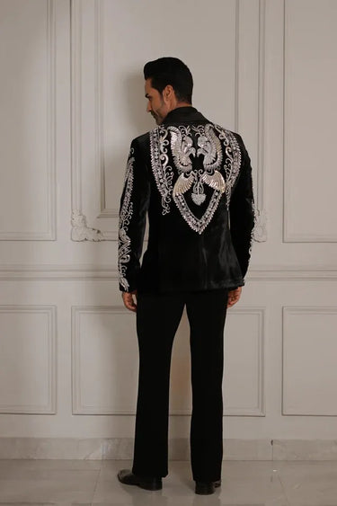 Regal Black Tux with Silver & Ivory Embroidery