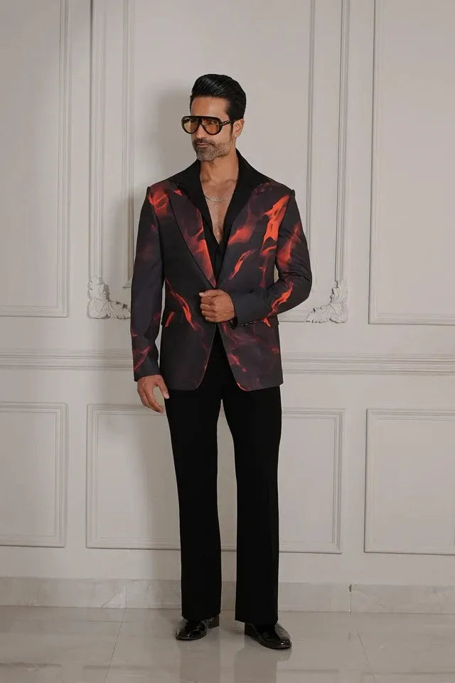 Black Magna Blazer with Red Fire Print