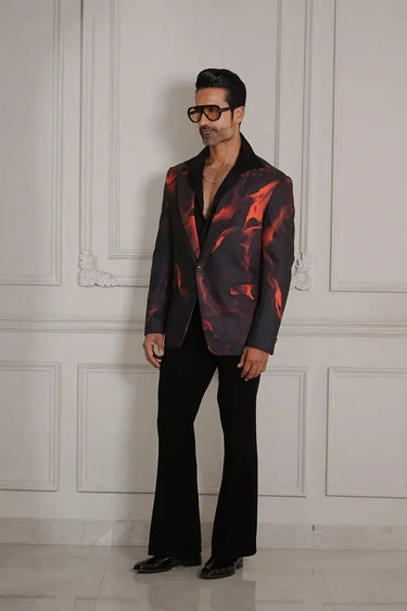 Black Magna Blazer with Red Fire Print