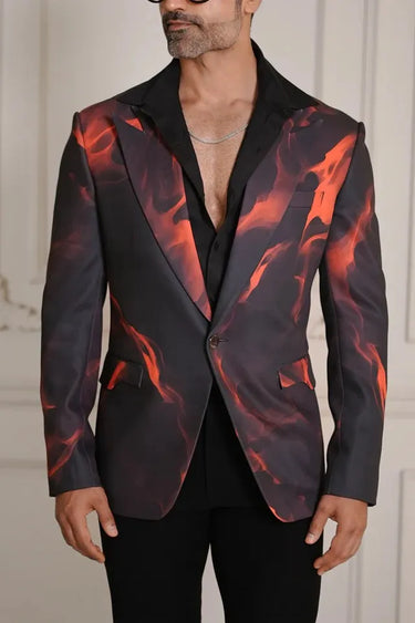 Black Magna Blazer with Red Fire Print