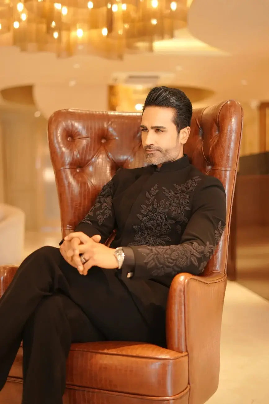 Men’s Black Meghna Bandhgala with Resham Floral Work
