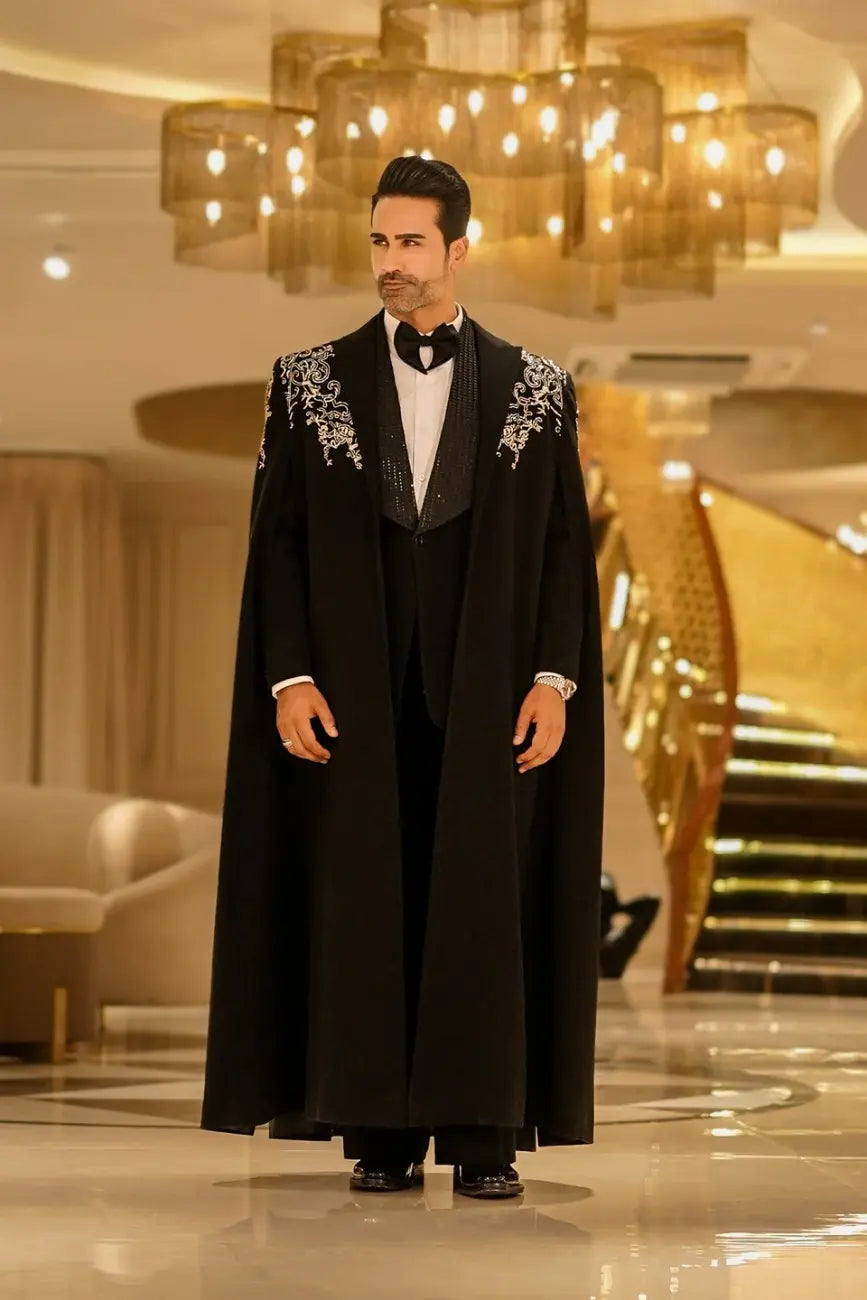 Black Hand-Embroidered Long Coat Set with Inner 2 Piece Ensemble