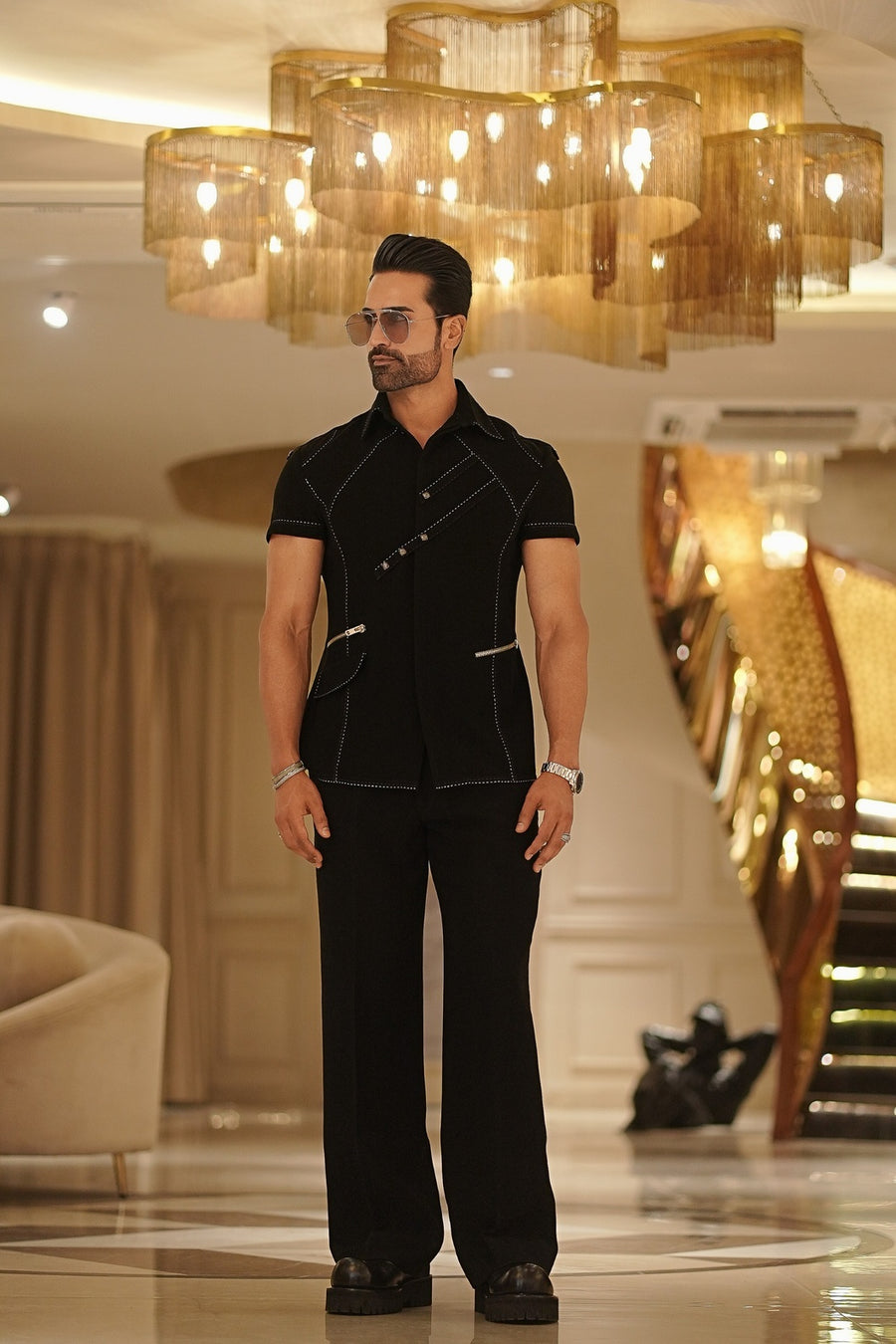 Men's Black Thread Work Co-Ord Set