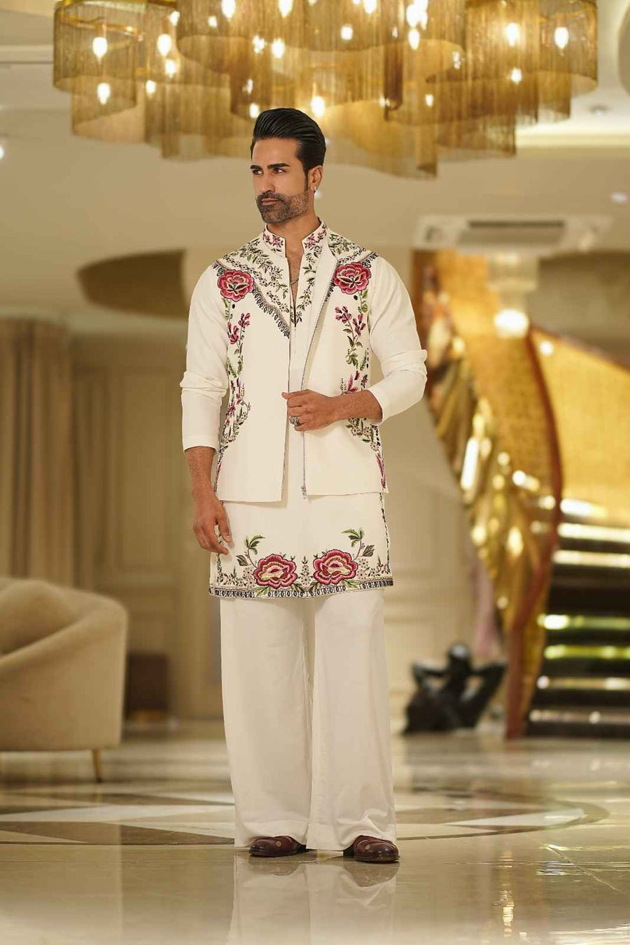 Ivory Kurta Set with Chromatic Botanical Hand-Artistry