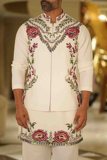 Ivory Kurta Set with Chromatic Botanical Hand-Artistry