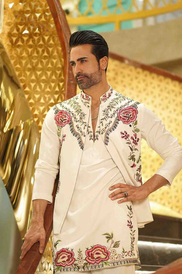 Ivory Kurta Set with Chromatic Botanical Hand-Artistry
