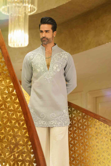Blue Couture Kurta Set with Intricate Ivory Embroidery
