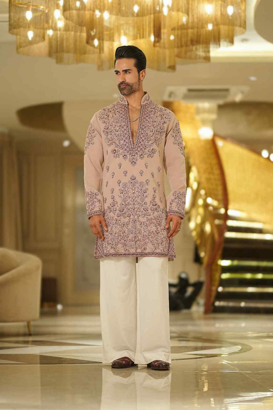 Dusty Peach Kurta Set with Intricate Hand Embroidery