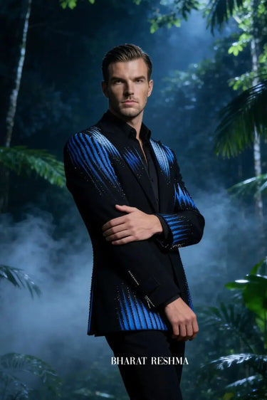 Men’s Black Tuxedo with Blue Hand-Painted Detailing & Pearl Work
