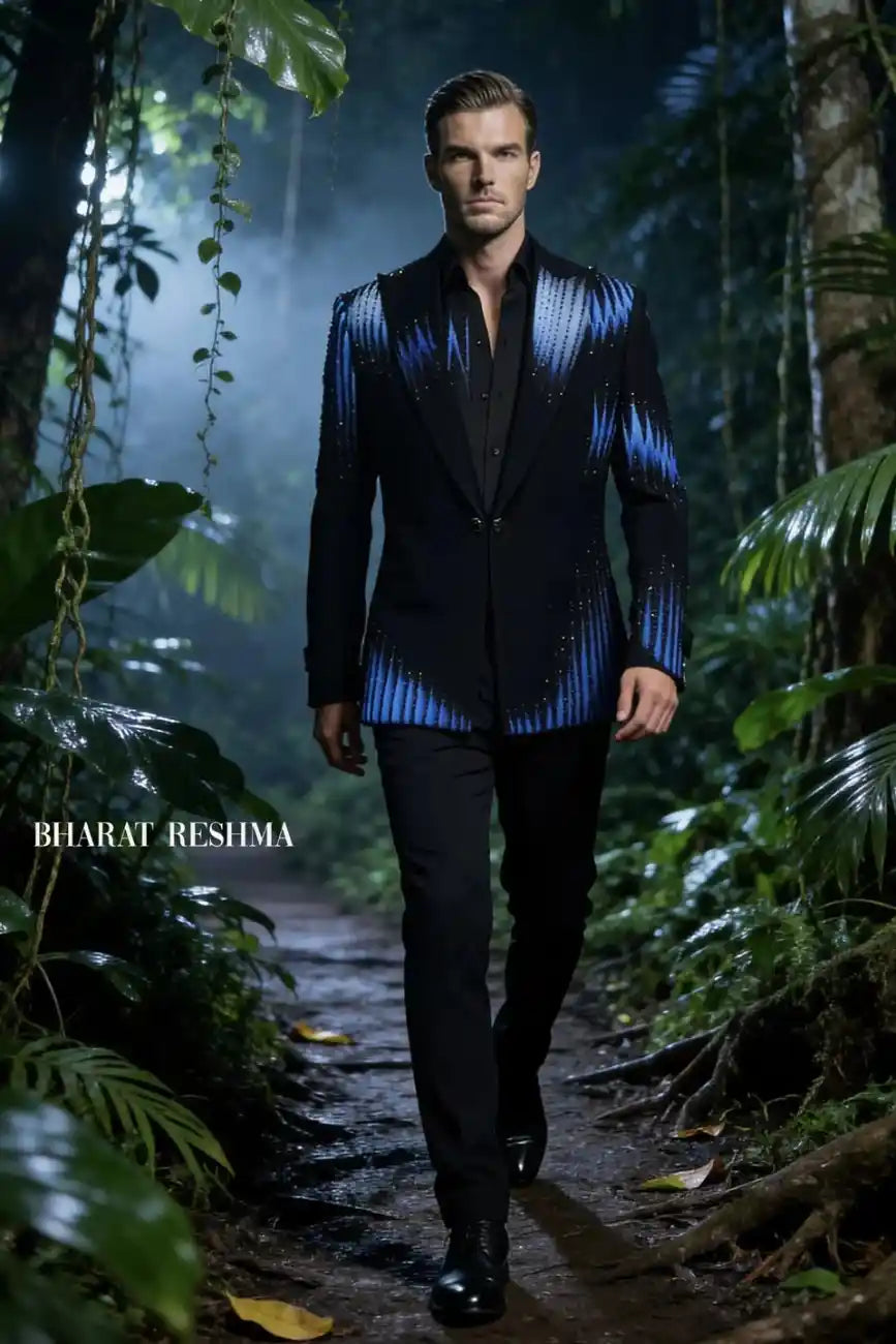 Men’s Black Tuxedo with Blue Hand-Painted Detailing & Pearl Work