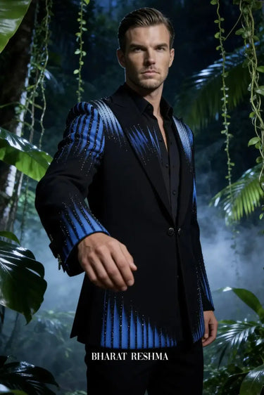 Men’s Black Tuxedo with Blue Hand-Painted Detailing & Pearl Work