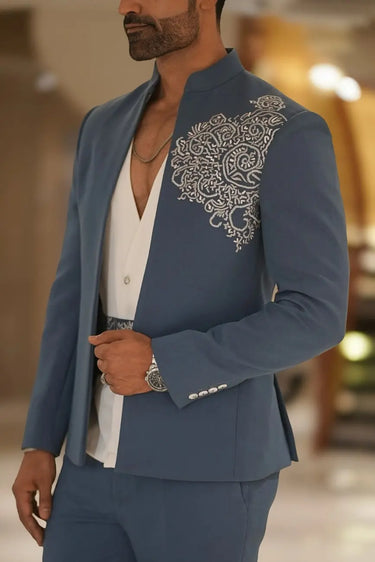 Steel Blue Embroidered Bandhgala Set
