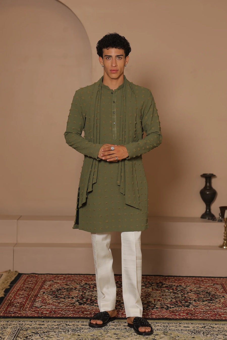 Olive Drape Kurta Stole Set
