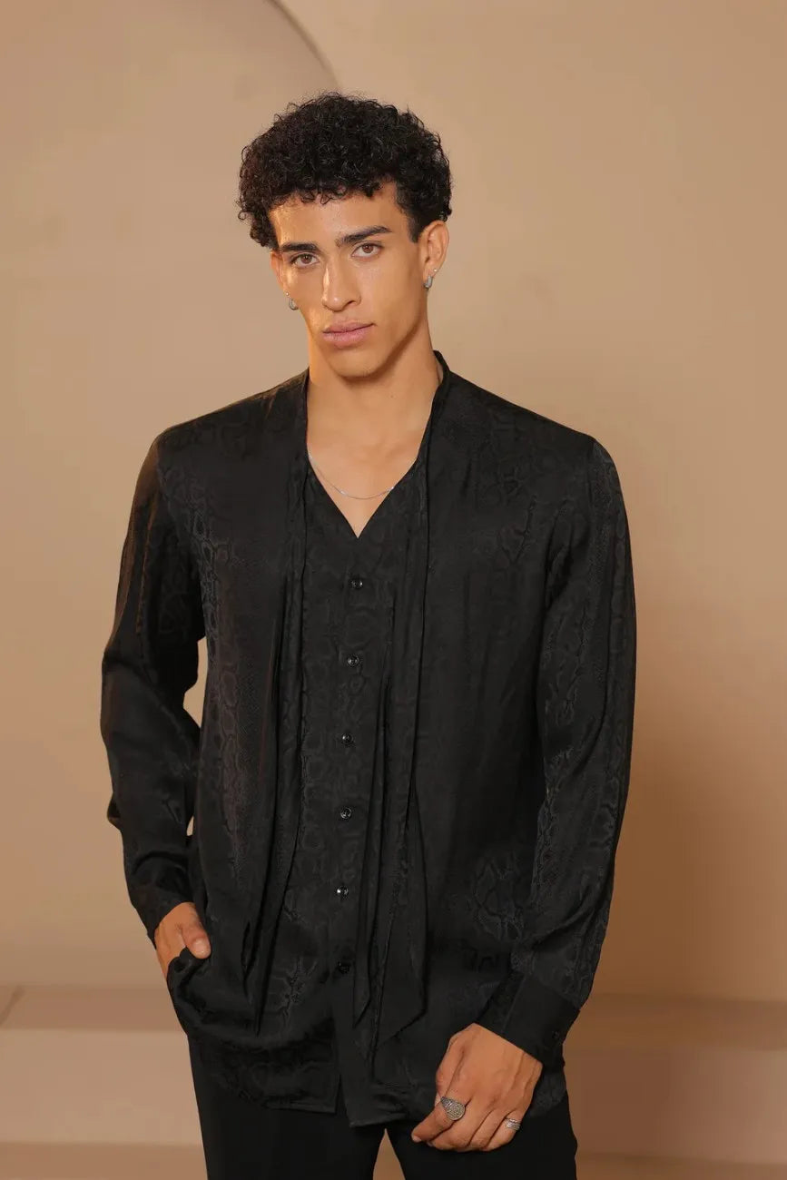 Black Double satin attached scarf style shirt