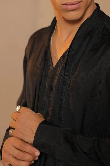 Black Double satin attached scarf style shirt