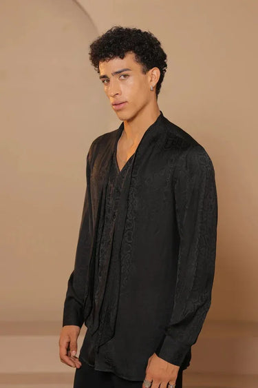 Black Double satin attached scarf style shirt