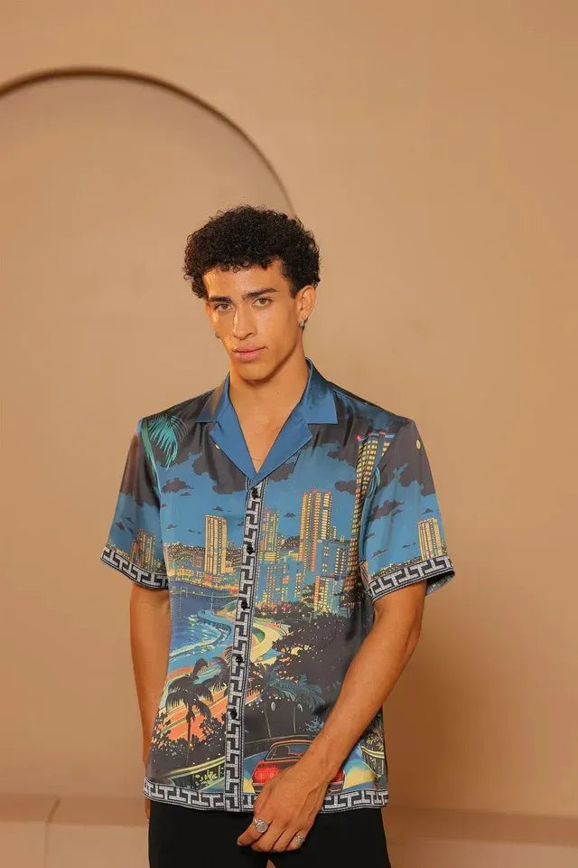 Digital print relaxed fit double shirting satin