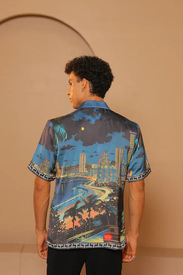 Digital print relaxed fit double shirting satin