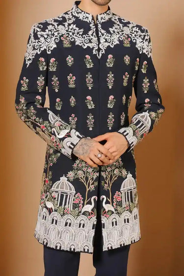 Navy blue wild royal indowestern set