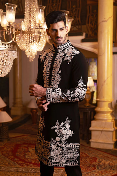 Men’s Black Meghna Fabric Kurta with Fine White Resham Floral Handwork - Bharat Reshma