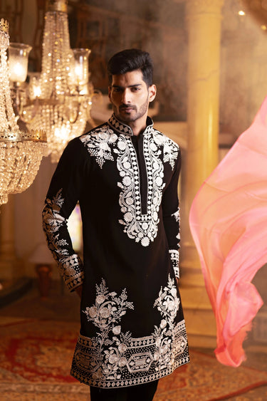Men’s Black Meghna Fabric Kurta with Fine White Resham Floral Handwork - Bharat Reshma