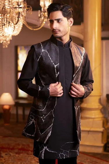 Men’s Black Satin Kurta Set with Digital Print & Hand Cut-Dana Embroidery