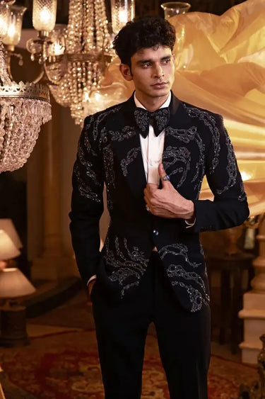 Black Meghna Fabric Tuxedo with Shimmering Sequin & Bead Handwork