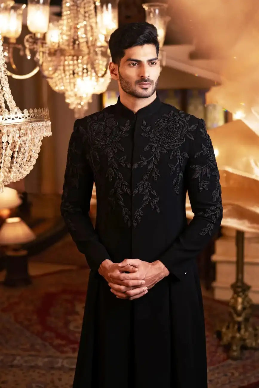 Men’s Black Meghna Fabric Gown with Resham French Knot Floral Work