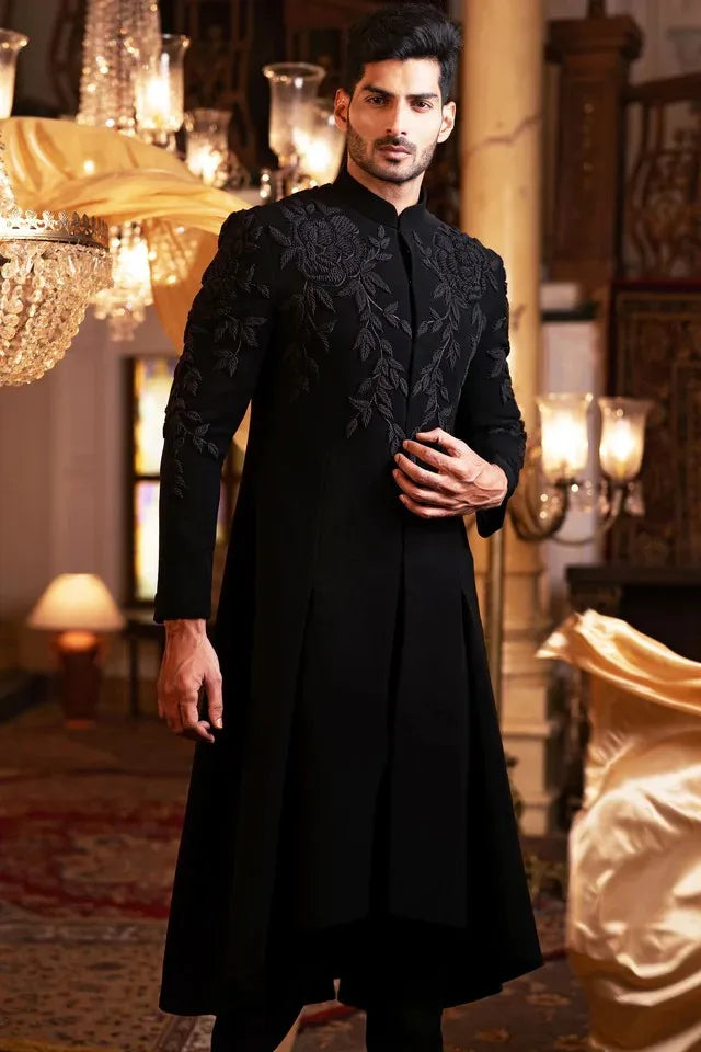 Men’s Black Meghna Fabric Gown with Resham French Knot Floral Work
