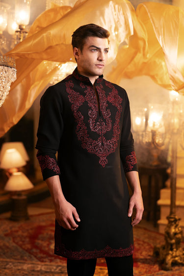 Men’s Black Magna Fabric Kurta with Red Thread, Moti & Cut-Dana Handwork