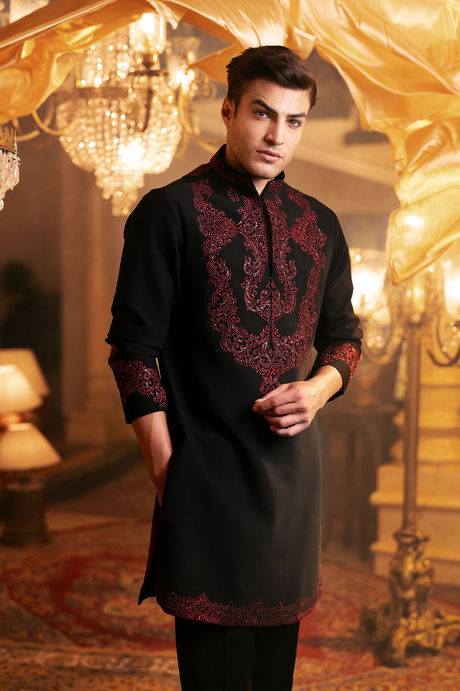 Men’s Black Magna Fabric Kurta with Red Thread, Moti & Cut-Dana Handwork