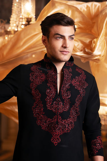 Men’s Black Magna Fabric Kurta with Red Thread, Moti & Cut-Dana Handwork
